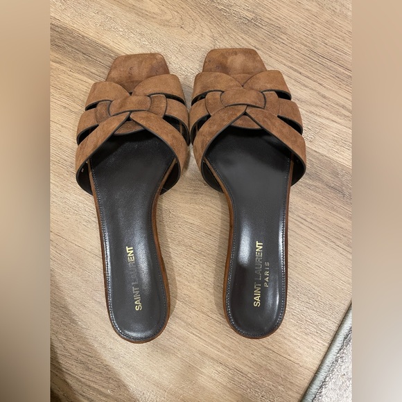 Saint Laurent Tribute Brown Suede Slide Sandals - Picture 2 of 6